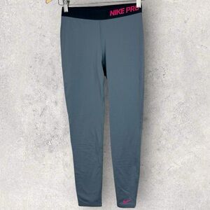 Nike Pro Grey Pink Spell Out‎ Logo Girls Size Large Hyperwarm Tights Dri Fit L
